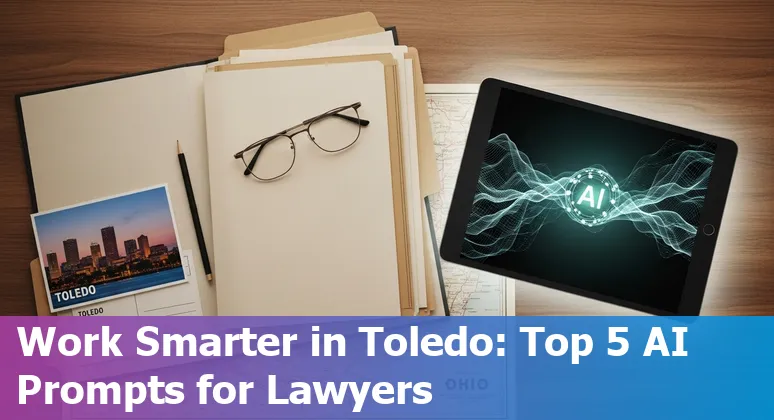 Toledo attorney using AI prompts on laptop with Lucas County courthouse in background