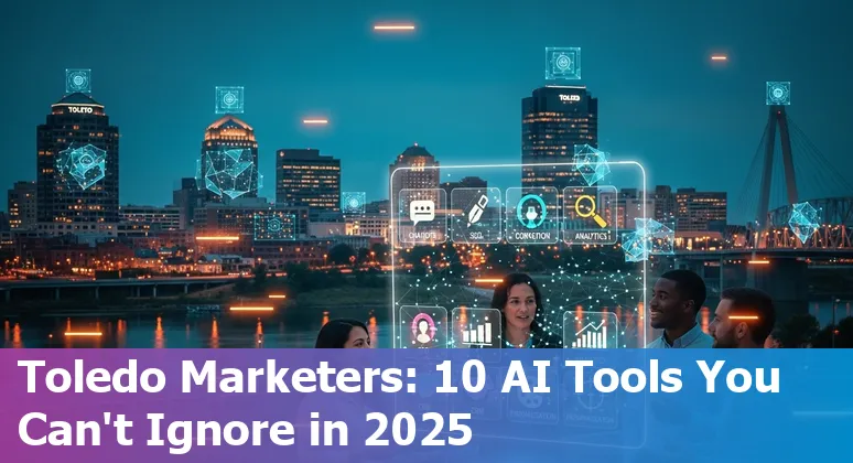 Collage of AI marketing tools logos including ChatGPT, Jasper, MarketMuse, SurferSEO and HubSpot with Toledo skyline silhouette.
