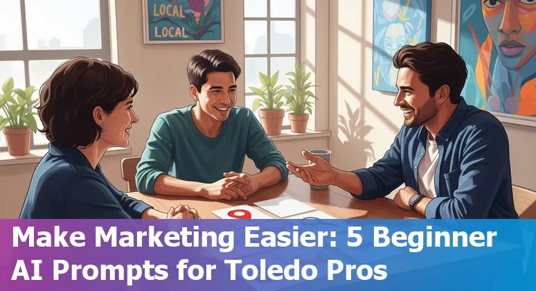 Marketing professional using AI prompts on a laptop with Toledo skyline and local businesses in the background.