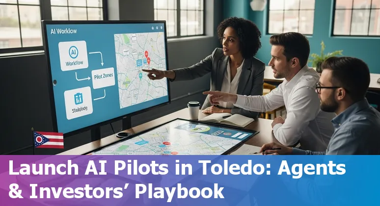 Real estate agent using AI tools with Toledo, Ohio skyline in background