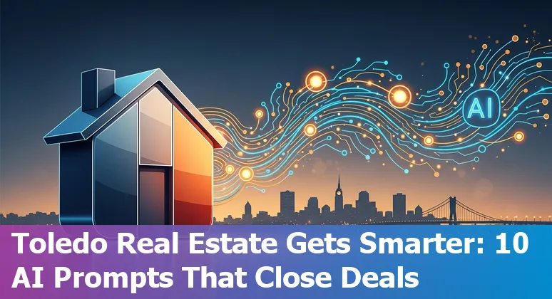 Real estate agent using AI tools on a laptop with Toledo skyline in the background
