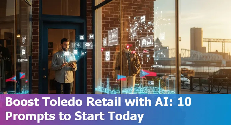 Retail worker using AI dashboard in a Toledo, Ohio store with local skyline visible through window
