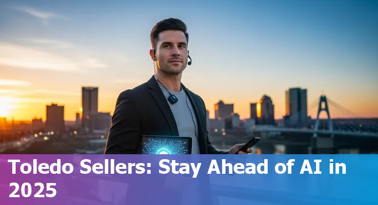 Sales rep using AI tools on laptop in Toledo, Ohio skyline in background