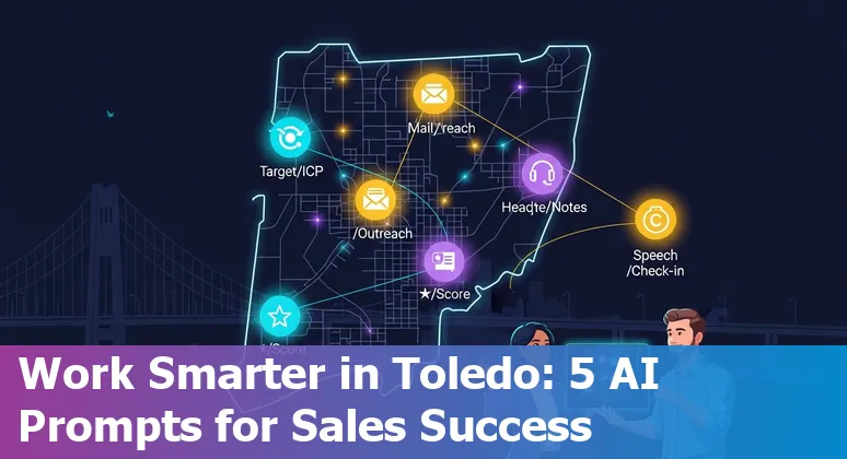 Toledo sales professional using AI tools like ChatGPT Teams, Otter.ai, Salesforce Einstein on a laptop with Toledo skyline in background