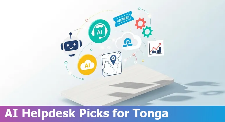 Icons of Zendesk, Yuma, Intercom, Ada, Freshdesk, Gorgias, Salesforce, Echowin, Tidio and Microsoft Copilot over a Tonga map