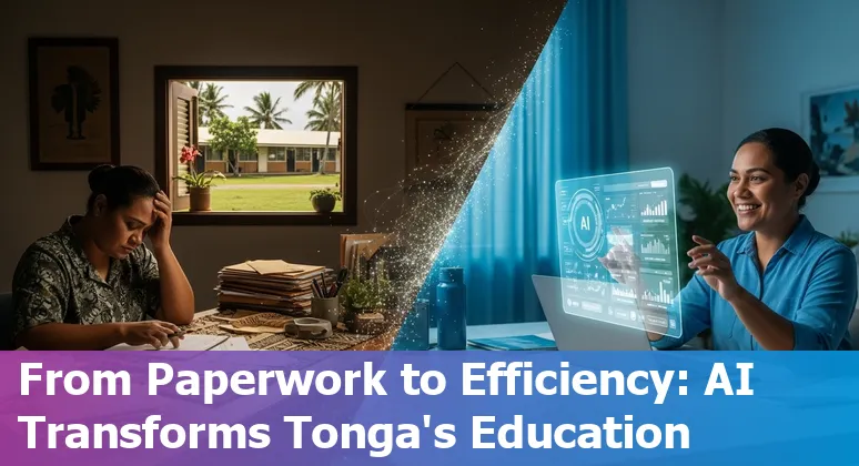 Education staff using AI tools on a tablet in a Tonga classroom showing cost and efficiency dashboards