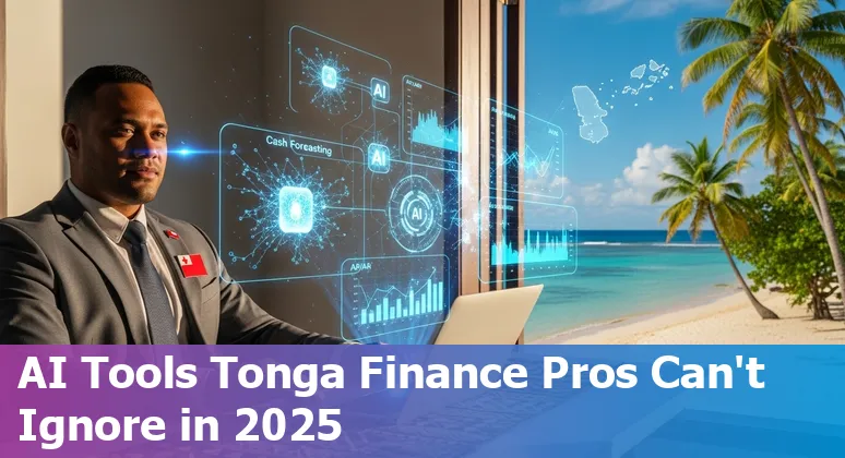 Tongan finance professionals reviewing AI dashboards and reports on a laptop in an office setting