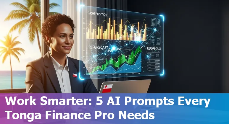Finance professional in Tonga using AI prompts on a laptop showing cash positions and 13-week forecasts.