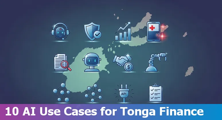 Illustration of AI use cases in Tonga's financial services: credit scoring, fraud detection, KYC automation, and branch optimization.