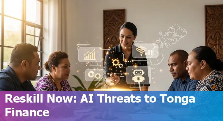 Tongan bank branch with digital banking app icons and AI network overlay showing jobs at risk