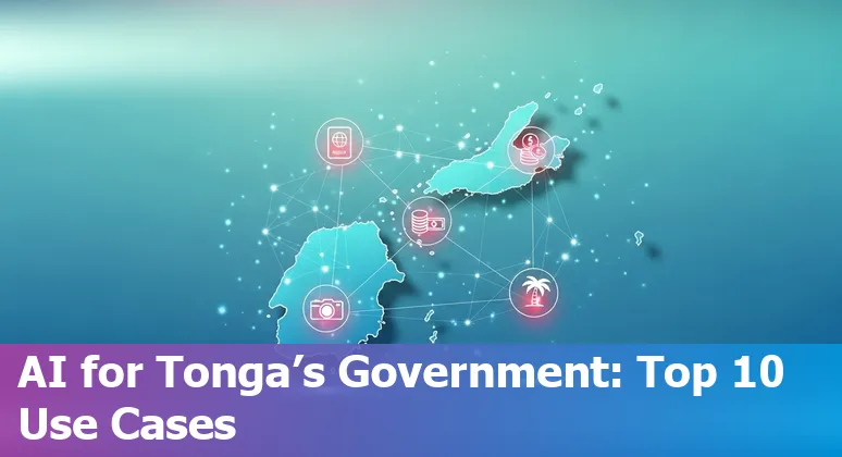 Illustration of AI supporting Tonga government services: immigration, disaster response, finance and tourism.