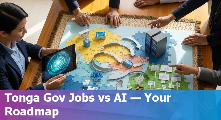 Tongan government office worker using computer with AI icons overlay, showing training and adaptation