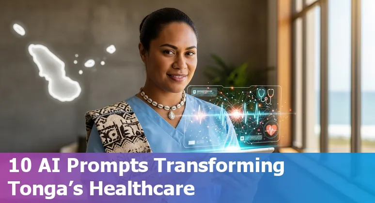 Illustration of healthcare workers in Tonga using AI tools: bilingual summaries, triage, lab workflows, and telemedicine