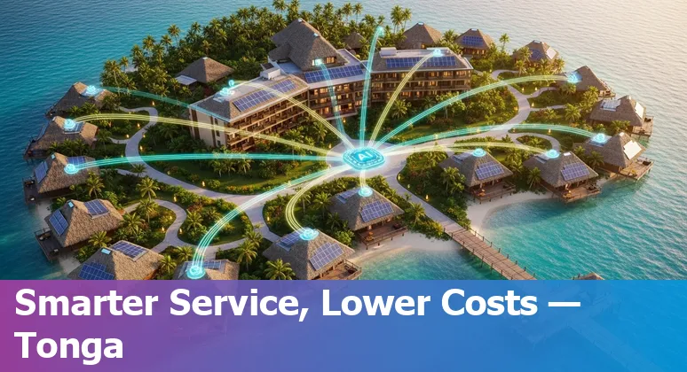 Hotel staff using an AI operations dashboard to optimize costs and guest service at a resort in Tonga