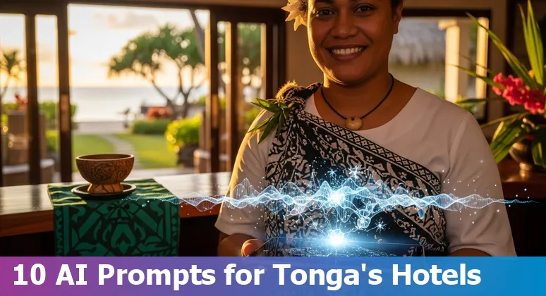 Hotel staff in Tonga using an AI dashboard showing chatbot, pricing and analytics icons with a Tongan beach in background