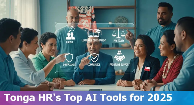 Tonga HR team using AI tools on mobile devices with island backdrop