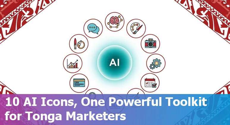 Collage showing ChatGPT, MidJourney, HubSpot, Adobe Firefly and other AI tool logos with a map of Tonga in the background
