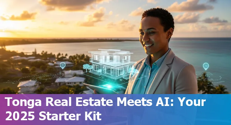 Aerial Tonga coastline with AI-driven real estate analytics overlays illustrating AI use in Tonga's 2025 property market