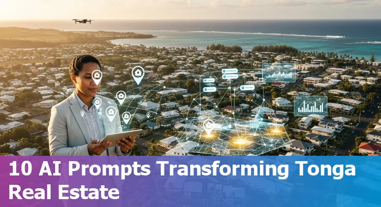 Real estate agent in Tonga reviewing AI prompts on a laptop with island map