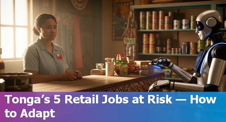 Tongan retail workers learning digital skills on tablets in a small store, with a backdrop of shelves and a POS terminal.
