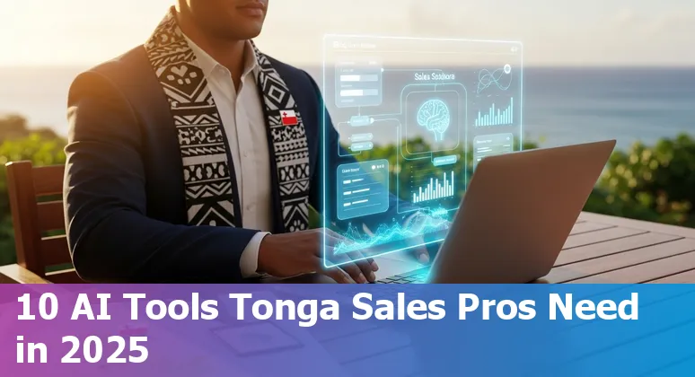 Sales professional in Tonga using AI sales tools on a laptop showing dashboards and presentation slides