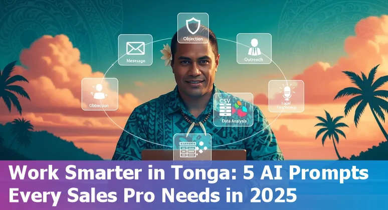 Sales professional in Tonga using AI prompts on a laptop with an island backdrop