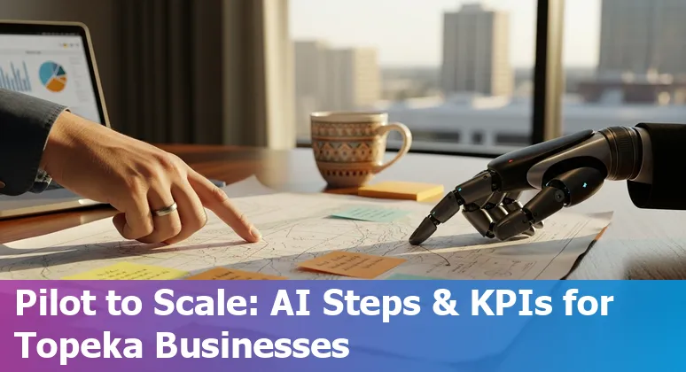 AI customer service tools and a map pin on Topeka, Kansas, US