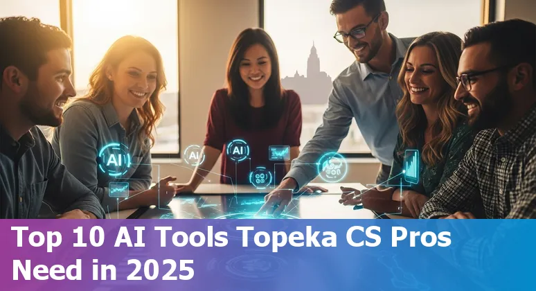 Customer service team in Topeka using AI tools like ChatGPT, Zendesk, and Tableau on laptops in an office setting.