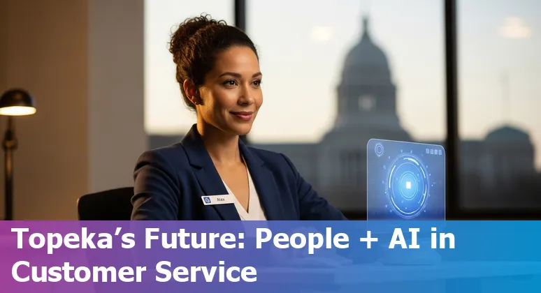 Customer service agent working with AI tools in Topeka, Kansas city office, showing chatbot and team collaboration