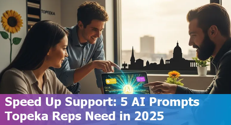 Customer service rep in Topeka using AI prompts on a laptop with a Kanban board and ticket summary visible.
