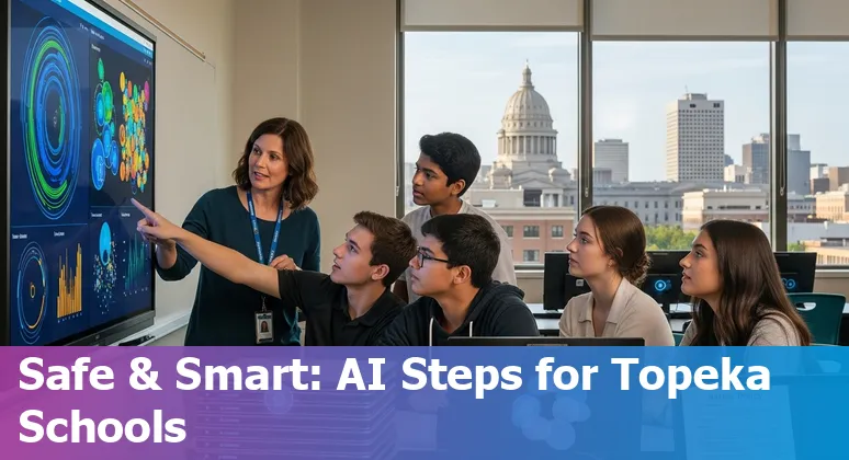 Teachers and students in a Topeka, Kansas classroom discussing AI tools with KU CIDDL resources visible