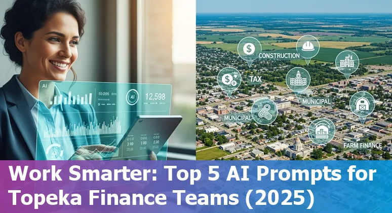 Finance professional in Topeka using AI prompts on a laptop with Topeka skyline and sustainable icons