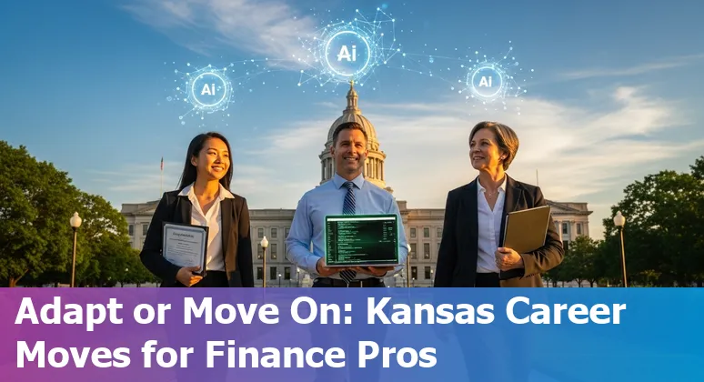 Topeka skyline with financial icons and AI symbols representing jobs at risk and upskilling paths.