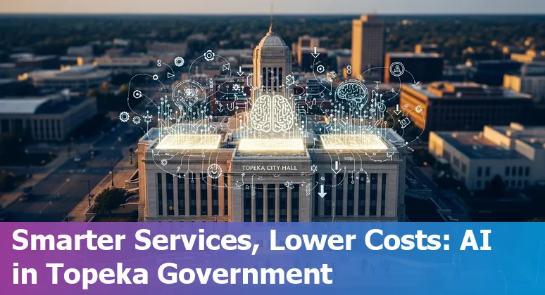 Topeka, Kansas government AI deployment illustration showing Shawnee County officers, Axon tools, and Kansas state policy documents.