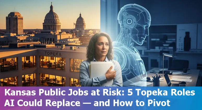 Topeka government worker at a computer with AI icons and a roadmap for reskilling in Kansas.
