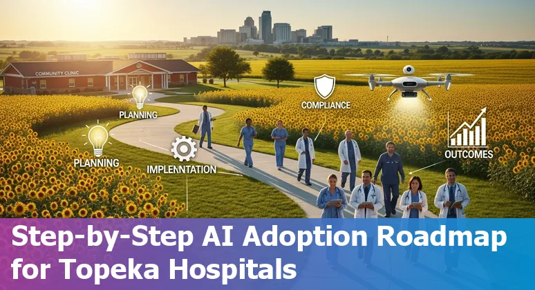 Healthcare AI concept image with Topeka, Kansas skyline and medical icons representing AI in 2025