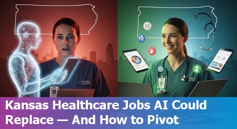 Healthcare worker at a clinic desk using a tablet with AI icons and Topeka skyline in the background