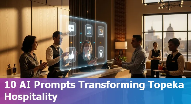 Hotel front desk using AI virtual assistant with smart-room controls, booking screens, and guest communication in Topeka, Kansas.