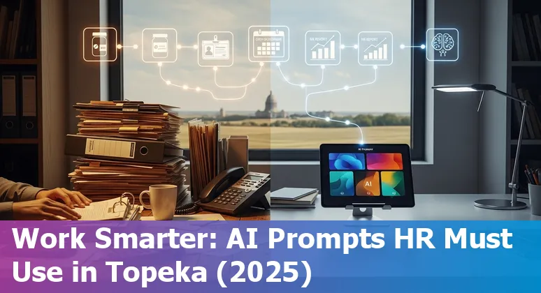 HR professional using AI prompts on laptop with Topeka, Kansas skyline in the background