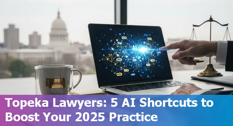 Topeka lawyer using AI prompts on laptop with Kansas courthouse photo in background