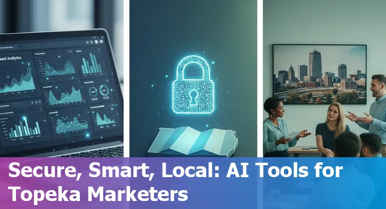Marketer using AI tools on a laptop with Topeka, Kansas skyline imagery in 2025
