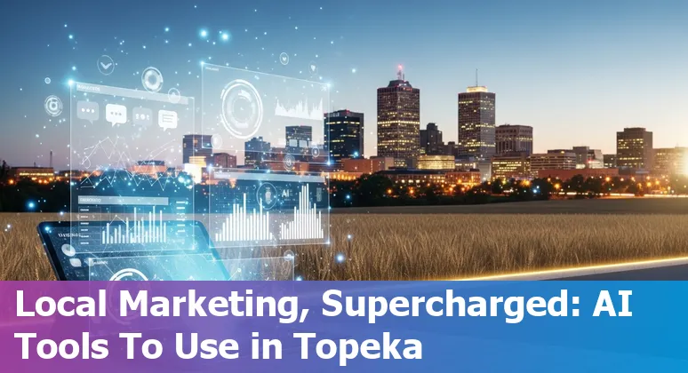 Collage of AI marketing tools logos and Topeka skyline with marketing icons