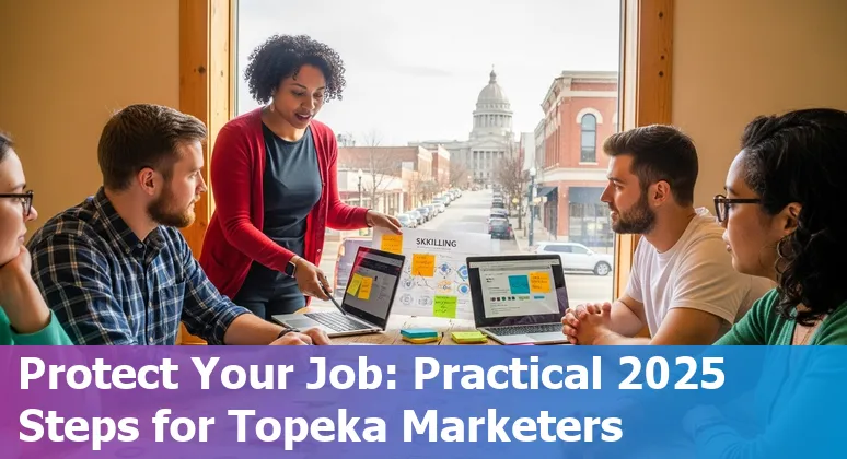 Topeka, Kansas, US marketer using AI tools while networking at a local meetup