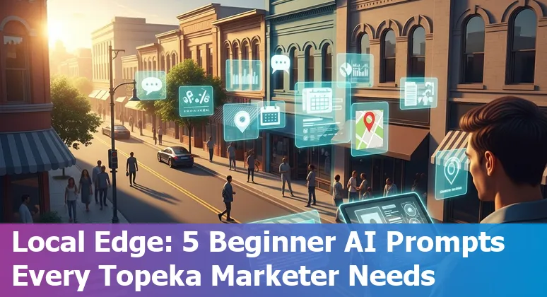 Local marketer using AI prompts to plan a Topeka campaign on a laptop with a Topeka map in the background.