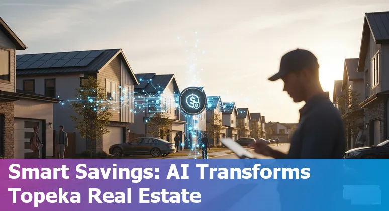 Graphic showing AI tools (smart HVAC, chatbots, drones) helping real estate in Topeka, Kansas reduce costs and increase efficiency.