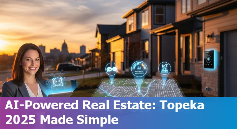AI-powered real estate tools and Topeka, Kansas skyline graphic showing AVMs, chatbots and virtual tours in 2025