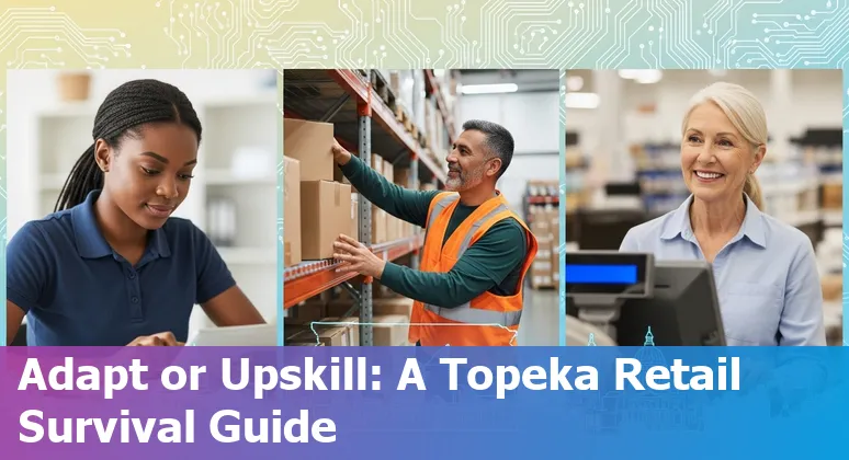 Topeka retail worker using training laptop next to a self-checkout kiosk