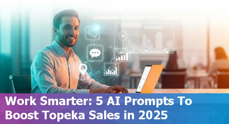 Salesperson using AI prompts on a laptop with Topeka skyline in the background