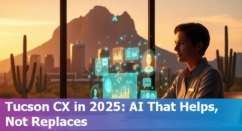 Customer service agent using AI tools in Tucson, Arizona office with desert skyline visible