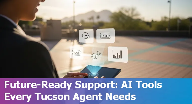 Customer service agent in Tucson using AI chat tools with desert skyline and saguaro in background